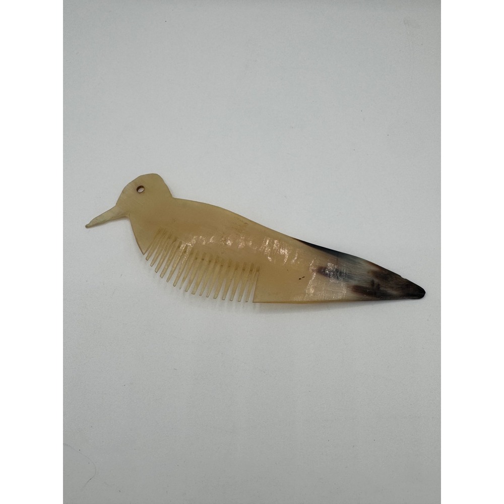 Vintage Hand Carved Natural Horn Bird Shaped Hair Comb Amber Marbled Accessory